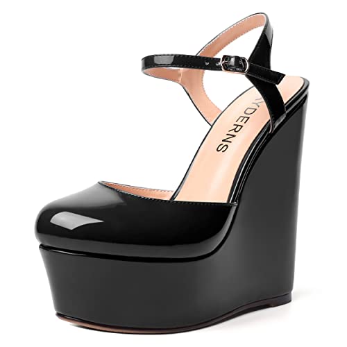 WAYDERNS Womens Dress Round Toe Platform Evening Slingback Patent Buckle Wedge High Heel Pumps Shoes 6 Inch
