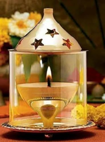 Image of Brass Akhand Diya with Glass Cover 6 Inch Pack of 2 | Golden Decorative Brass Oil Lamp & Tea Light Holder | Cylindrical Lantern for Durga Pooja, Navratri, Temple, Festive & Home Dcor