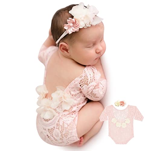 Image of Newborn Photography Prop Girls Outfits Newborn Lace Romper with Headband Infant Princess Costume