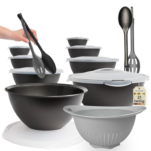 Hausfelder Salatschüssel mit Deckel Set groß - 8 Schüsseln 6L/3,6L/1,9L/0,7L mit Deckel, Salatbesteck & Sieb - Kunststoff BPA-frei Camping Küche - Stapelbar Spülmaschinenfest - 21-teilig