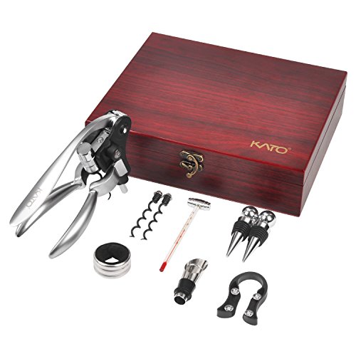 Wine Opener Corkscrew Set, 9 Pieces Wine Bottle Screwpull Accessories Gift Kit, Wine Stoppers and Pourer, Foil Cutter and Extra Screws In Deluxe Red Box by Kato