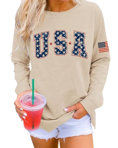 Image of Dressmine Womens USA Shirt Casual Long Sleeve Graphic Tees Knit Crew Neck Sweatshirts Loose Pullover