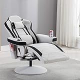 Merax Gaming Recliner Gaming Chair Desk Chair with Footrest,Headrest,Lumbar Pillow,2 Cup holders, 2 Removable Side Pouches (White)