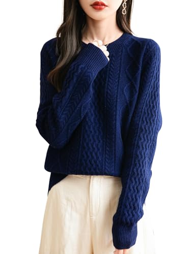 Women's Crew Neck 100% Merino Wool Sweater 2025 Fall Winter Classic Cable Warm Soft Long Sleeve Knitted Sweater