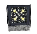 Flecos 20cm AMINA Mantón cuadrado para la danza flamenco o sevillanas (NEGRO bordado DORADO, 150X150cm)