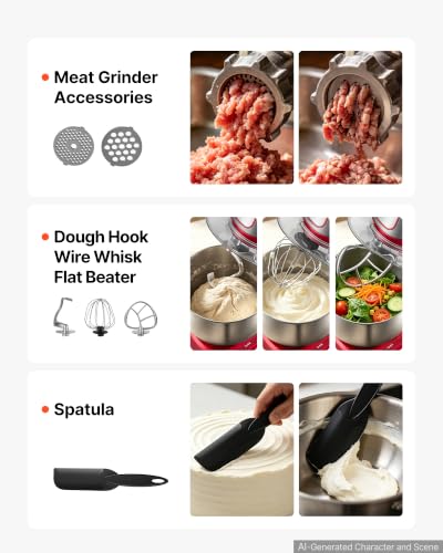 Image of VEVOR 6.3 Qt 3-in-1 Tilt Head Stand Mixer 400W Electric Dough Mixer, Multifunctional Food Kitchen Mixer with Stainless Steel Bowl, Meat Grinder and Blender Attachments, Dough Hook, Whisk, Beater