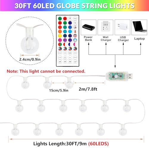 Omika DY-OA08-14 Crystal Globe String Lights, 30Ft 60Led 196Modes With Remote & Usb, Ip65 Waterproof Fairy String Lights For Indoor Outdoor Bedroom Party Wedding Garden Christmas Tree Decor thumb #5