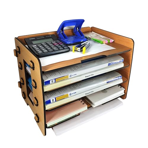 Image of Office File Tray - A4 Desk Tidy Organiser | 4-Tier Document, Paper & Letter Tray | Multipurpose Desk Storage Rack for Home & Office (Bavarian Beech)