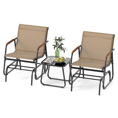 Tangkula 3 Piece Patio Bistro Glider Set, 2 Rocking Chairs w/Tempered Glass Side Table, Patio Furniture Set w/Smooth Rocking Motion, Outdoor Glider Chair Set for Porch, Yard, Balcony