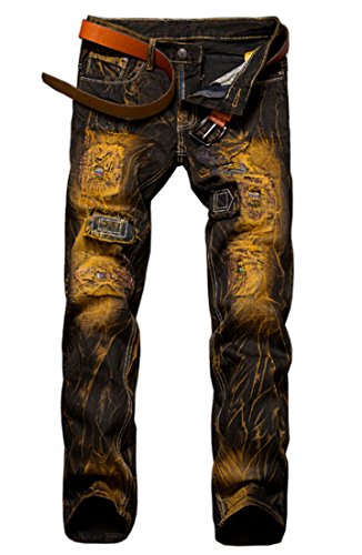 Men's Patchwork Ripped Slim Fit Jeans Retro Yellow 38
