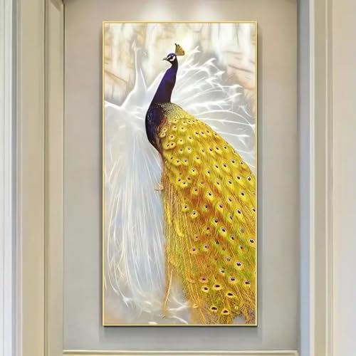Peinture sur toile de paon doré avec cadre HYFBH, une décoration murale haut de gamme
