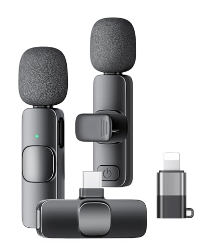 Image of Wireless Lavalier Microphone for iPhone iPad and Android Phone, 2 Pack Lapel Mic Plug and Play Wireless Mic Noise Reduction Microphone for Video Recording Interview Podcast (Black)