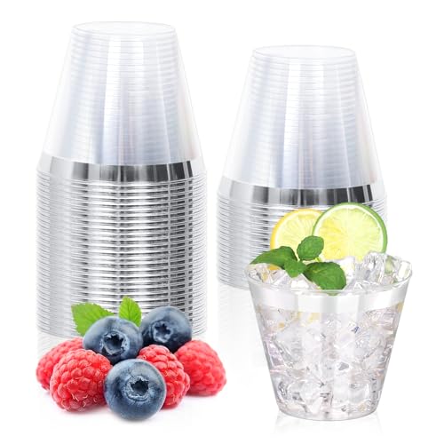 Image of 30 Pcs Silver Plastic Cups,9Oz Silver Rimmed Plastic Cups,Heavy Duty Clear Disposable Plasitc Cocktail Tumblers Wine Cup for Party,Wedding,Birthday,Christmas