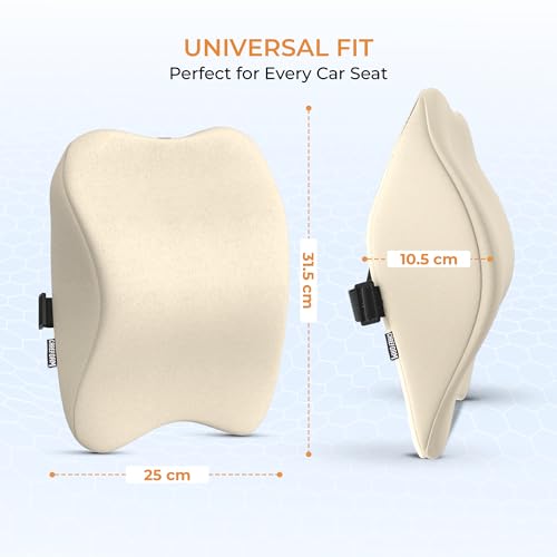 Image of CareFoam Memory Foam Car Neck Pillow for Driving Comfort - Ergonomic Headrest Cushion for Neck & Spine Support - Adjustable Strap, Breathable Washable Cover, Ideal for Long Drives | Beige Velvet