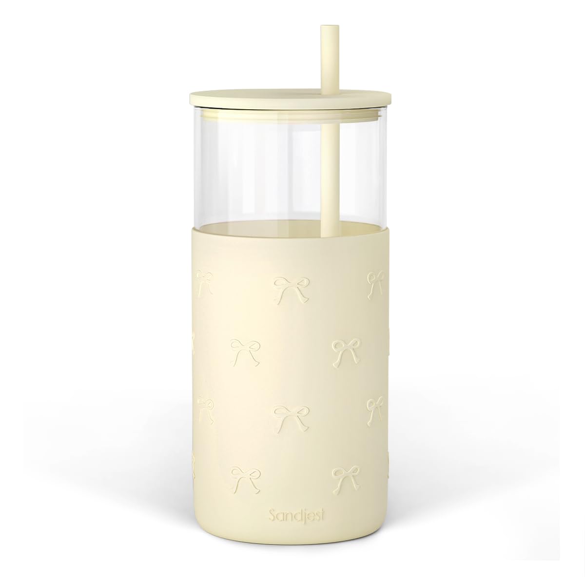 SANDJEST Glass Tumbler with Straw and Lid, Glass Water Bottle with Silicone Sleeve 20oz, Smoothie, Iced Coffee Cup, Bow Gifts for Women Teen Girls Birthday Christmas
