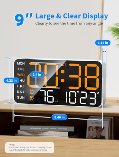Image of Digital Wall Clock, LED Alarm Clock with Day & Date, Temperature. 5-Level Brightness for Home Office, Bedroom, Living Room, Classroom, Modern Decor Design (8.4''x4.3'') (Orange)