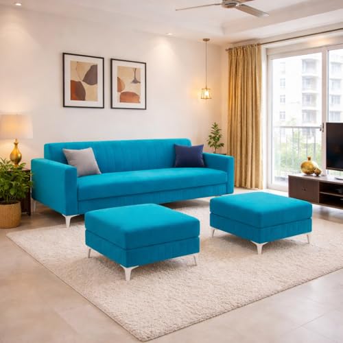 Image of Amelia 5 Seater L Shape Sofa Set with 2 Movable Ottomans | Flexible Layout | Rich Velvet Suede Fabric | Silver Legs | Spacious Soft Touch Seating | Modern Sofa for Living Room (Aqua Blue)