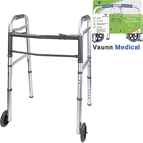 Vaunn Medical Two Button Folding Walker with Wheels, Adjustable Height and Detachable Legs