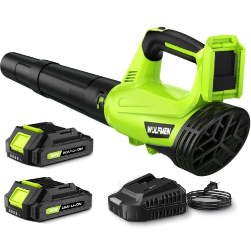 Leaf Blower Cordless, 450 CFM Electric Cordless Leaf Blower with 2 Batteries and Charger, 2 Speed Mode, Lightweight Leaf Blowers for Lawn Care, Blowing Leaves, Patio Cleaning and Dust, Bright Green
