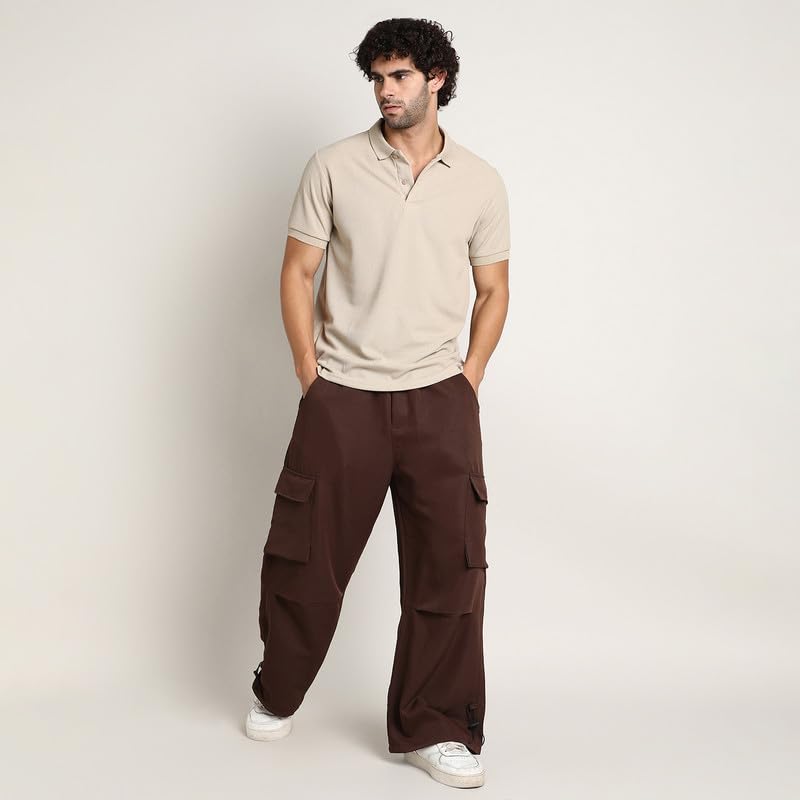 Image of CAHOOT Men's Cargo Trousers for Casual Wear | Mid-Rise | Relaxed Fit | Button Closure | Cargo Pants Crafted with Comfort Fit for Everyday Wear