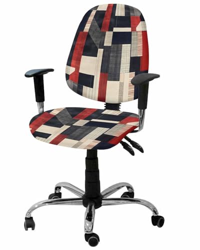 Red Black Beige 2 Pieces Computer Office Chair Covers Set,Stretchable Desk Rotating Chair Seat Cushion Slipcover Back Covers,Retro Abstract Geometric Striped Art Slipcover Back Cover,Protectors Cover