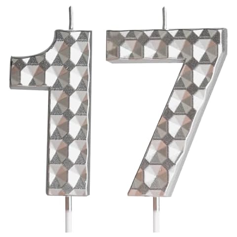 Silver 17th Birthday Candles,Diamond Design 3D Number 17 Birthday Candle,Happy 17th Birthday Cake Topper Decorations for Girls Boys Women Men Birthday Anniversary Wedding Party Celebration Supplies Cover