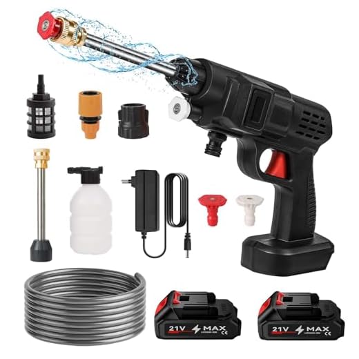Limpiador de alta presión inalámbrico de 50 bares, 21 V con 5 m de manguera y 2 boquillas, 1200 mAh, pistola de chorro de agua eléctrica para coches, casa o jardín (2 baterías)