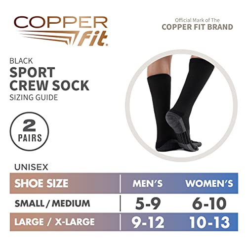 Copper Fit Unisex Adult Crew Sport - 2 Pack Running Socks, Black, Small-Medium Us #TOP2