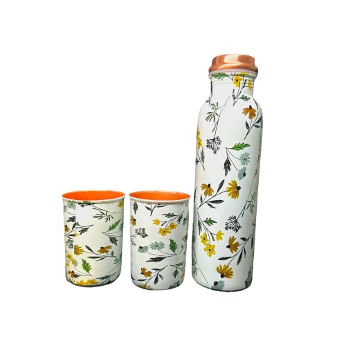 Image of Copper Water Bottle 1 Ltr | Copper Water Bottle with Glass Set | Meena Work | 100% Pure | Leak-Proof | 2 Water Glass 300ml each | Best for Gifting (Leaf Design - 1)