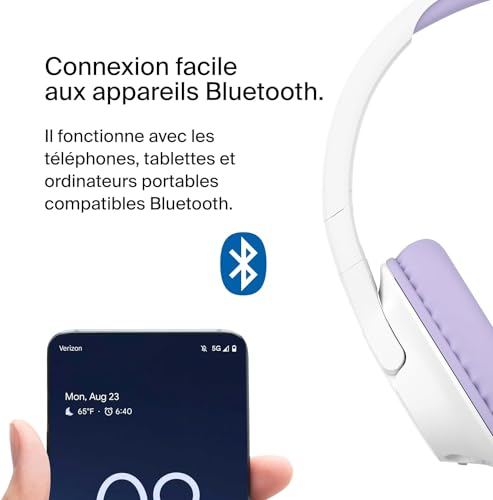 Belkin Casque bluetooth sans fil SoundForm Inspire pour enfants (apprentissage en ligne, voyage, microphone intégré, compatible avec l'iPhone, l'iPad, le Galaxy, etc.)