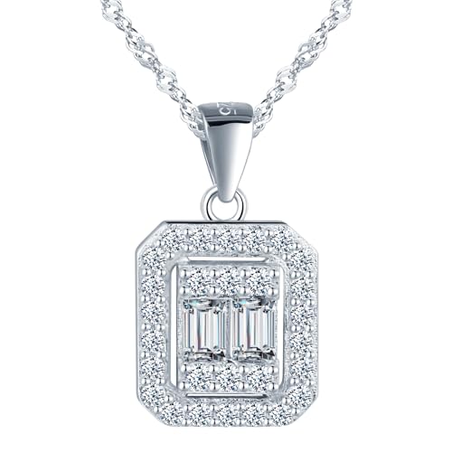 Image of MICSAVI 925 Sterling Silver Cubic Zirconia Square Pendant Necklace for Women Danity Silver Chain 45cm Hypoallergenic Geometric Pendant Necklace Jewellery for Mum Wife Girlfriend
