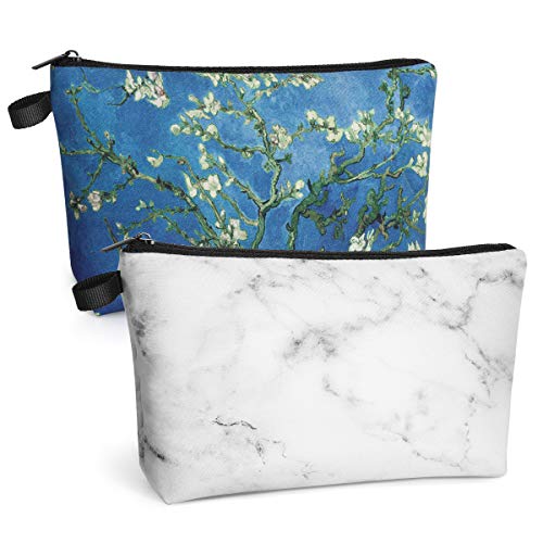 Preisvergleich Produktbild Luxspire Retro-Kosmetiktasche Kulturtaschen, Wasserdichter Reißverschluss Kulturbeutel, Geräumige Multifunktionale Make-Up Aufbewahrungstasche für Mädchen und Frauen, Marmor Weiß + Aprikosenblüte