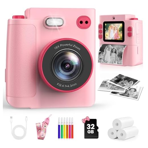 Instant Print Camera for Kids - 1080P HD Toddler Digital Camera for 3 4 5 6 7 8 9 10 Year Old Girls Boys, Christmas Birthday Gift with 32GB SD Card, Selfie Mode, Portable Travel Toy, Fun Filters- Pink