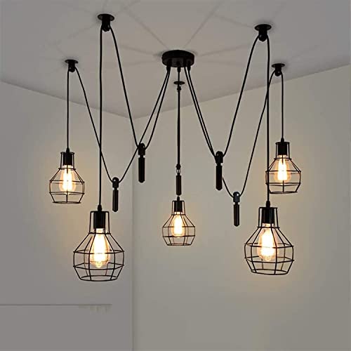 Lustre araignée rétro 5 têtes poulie réglable plafonnier industriel fer forgé noir
