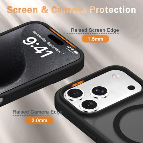 Image of YENAPOON for iPhone 17 Pro Max Case, Matte Magnetic Phone Cover [with 1 Screen Protector] [Support for MagSafe] [Shockproof Military Grade Protection] Translucent Frosted Back, Black
