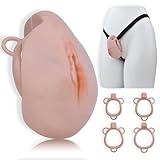 eegroh Sissy Chastity Cage Lock with 4 Rings, Male Pull Bead Anal Plug Dilator, Wear Anti-Shedding Elasticated Waistband, Penis Butt SM Bondage Training Devices (Flesh)