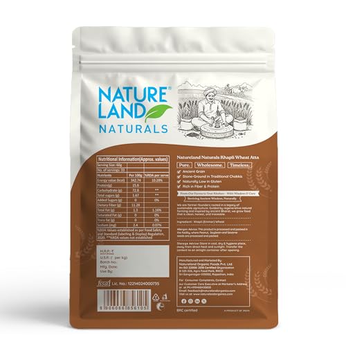 Image of Natureland Naturals Khapli flour 2 kg- Low-Gluten Wheat Flour | High Dietary Fiber for Easy Digestion | Stoneground Emmer | Khapli Atta (Pack of 2)