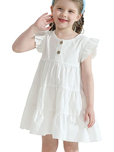 Toddler Baby Girl Cotton Linen Dress Ruffle Sleeve Vintage Button Casual Party Dresses (White,2-3T)