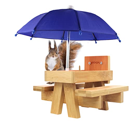 Squirrel Feeder, Bamboo Squirrel Picnic Table Feeder with Umbrella, Squirrel Feeders for Outside
