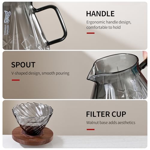 Image of Bincoo Pour Over Coffee Maker&Dripper, Style Cone Filter + 600ml Glass Coffee Server, Manual Coffee Brewer Set, Reusable Coffee Filter Holder, Great Gift for Coffee Enthusiasts(Grey