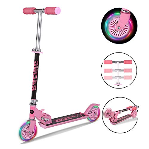 Pink Scooters Folding Portable Aluminum Kick Scooter With Light Up Wheels For Girls Kids Toddlers, Ages 3-17 (US Stock) (Type2 - Pink)