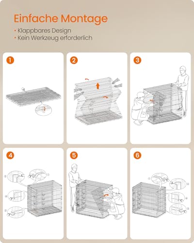 Feandrea Hundekäfig, klappbar, mit 2 Türen, ausziehbare Kunststoffschale, 122 x 74 x 114 cm, XXL, hoch, schwarz PPD050B01