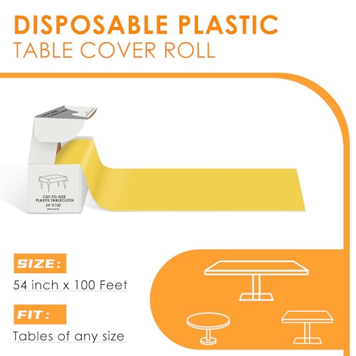 Image of tujol Yellow Disposable Plastic Table Cloth Roll 54 inch X 100', Plastic Table Cover with Cutter Box, Cut to Size Disposable Tablecloth for Parties