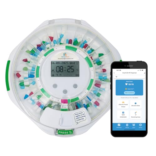 Senyerkare Smart WiFi Automatic Pill Dispenser w/Lock for Elderly, 28-Day Medication Organizer with Light/Sound & APP Alarm, up to 9 Alarms/Day, 9 Doses Per Day for Prescriptions & Vitamins, Clear Lid