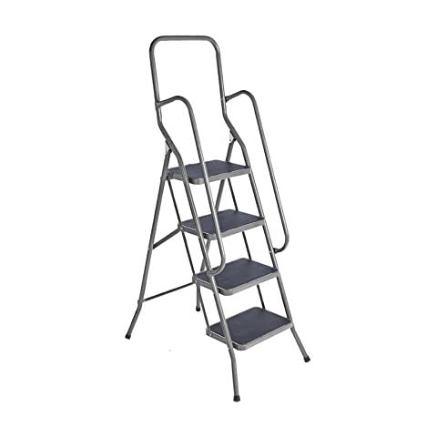 4 Step Safety Stepladder - Silver Foldable Non-Slip Tread Ladder with Safety Hand Rails - 150kg Capacity Decorating Platform Cover