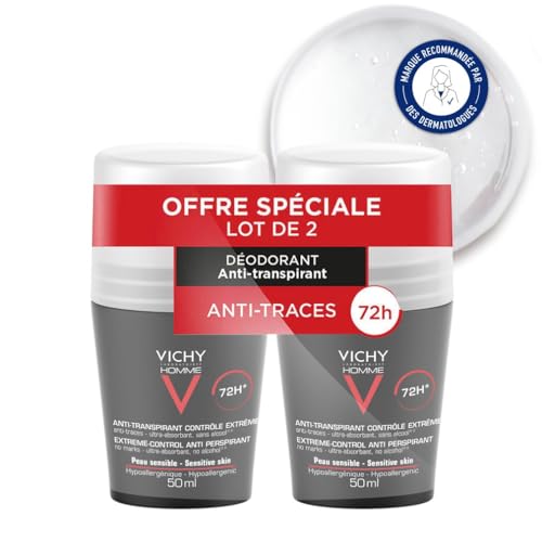 Vichy Homme, Déodorant Anti-Transpirant Contrôle Extrême 72H, Roll-on, Anti-Traces & Sans Alcool, Hypoallergénique, Adapté aux Peaux Sensibles, Lot de 2 x 50ml