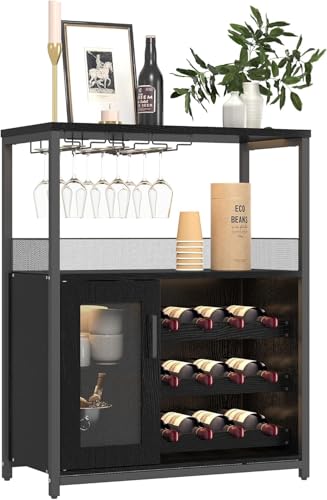 Garvee Botellero Industrial Con Estante Ajustable Para Vino Y Soporte Para Copas, Armario Para Bebidas Para Cocina, Comedor, Salón, 70x35x92 Cm, Negro
