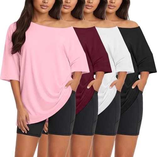 Siimcuzy 4 Pack Womens Off the Shoulder Oversized T Shirts Tops Short Sleeve Tees 2026 Casual Summer Spring Fashion Clothes 1 Black 1 White 1 Wine 1 Pink Large