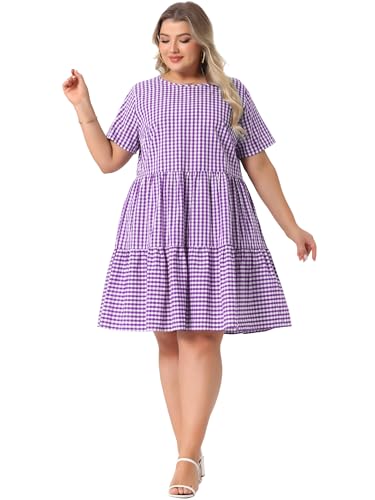 Image of Agnes Orinda Plus Size Gingham Dresses 1950s Vintage Plaid Round Neck Short Sleeve Tiered Midi Summer Dress