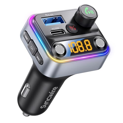 Syncwire Bluetooth 5.4 FM Transmitter Car Adapter 42W [Light Switch] [Stronger Dual-mic] [HiFi Bass Sound] [Fast Charging] Wireless FM Radio Music Adapter Hands-Free Calling Support USB Drive, Silver
